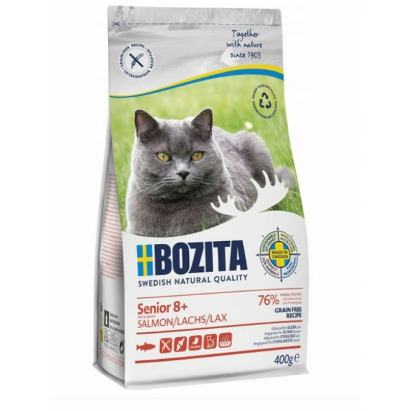 Bozita Grain Free Senior 8+ Salmon 400g - bezgraudu sausā barība ar lasi veciem kaķiem