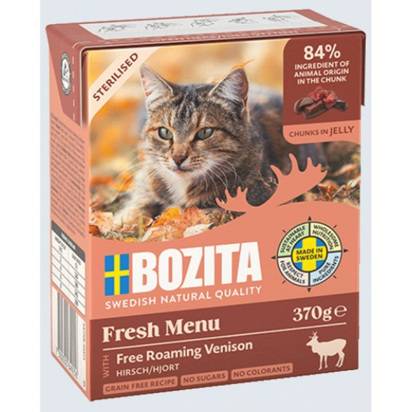 Bozita Fresh Menu Free Roaming Venison Jelly Sterilized 370g - bezgraudu gaļas gabaliņi ar brīvā dabā audzētu briedi želejā sterilizētiem kaķiem