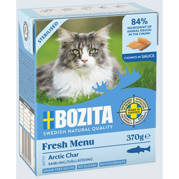 Bozita Fresh Menu Arctic Char Sauce Sterilized 370g -беззерновые мясные кусочки с арктическим гольцом в соусе для стерилизованных кошек