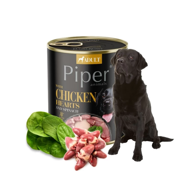 Piper Chicken Hearts and Spinach 800g - konservi suņiem Vistas sirdis, spināti