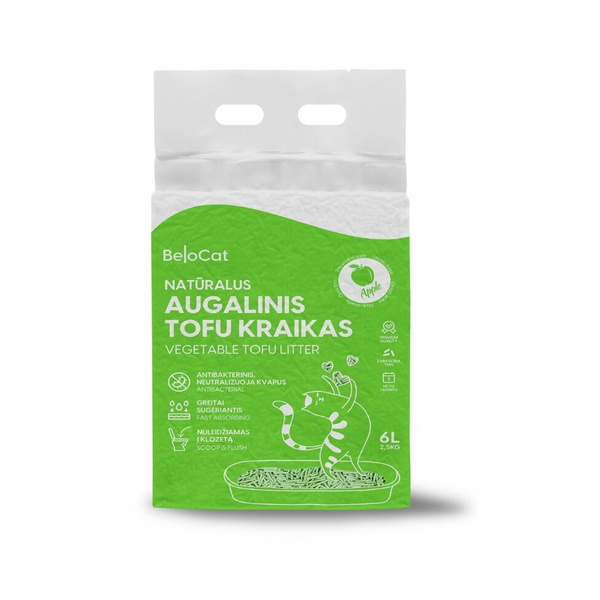 BeloCat Tofu Clumping Cat Litter Apple 6l - dabīgi granulēti kaķu pakaiši ar kukurūzas cieti un sojas šķiedrām, ar ābola aromātu
