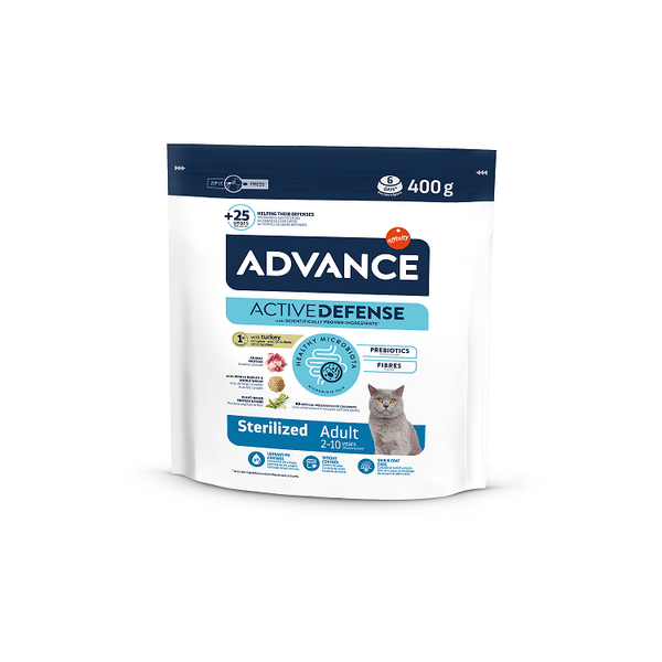 ADVANCE CAT STERILIZED TURKEY 400G - STERILIZĒTIEM KAĶIEM (TĪTARS UN MIEŽI)