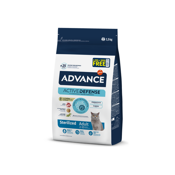 ADVANCE CAT ADULT STERILIZED 1.2KG + 300G - STERILIZĒTIEM KAĶIEM (TĪTARS UN MIEŽI)