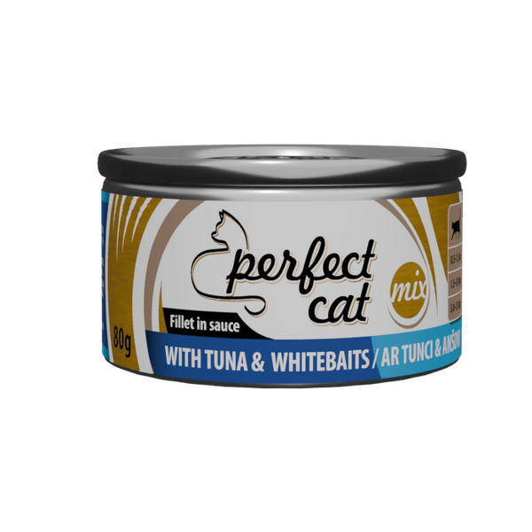 PERFECT CAT WITH TUNA&WHITEBAITS SAUSE 80G - PILNVERTĪGA BARIBA KAĶIEM AR TUNCI UN ANŠOVI MĒRCE
