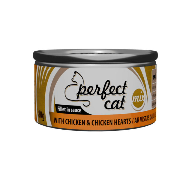 PERFECT CAT WITH CHICKEN&CHICKEN HEARTS SAUSE 80G - PILNVERTĪGA BARIBA KAĶIEM AR VISTAS GAĻU UN VISTAS SIRSNIŅĀM MĒRCE