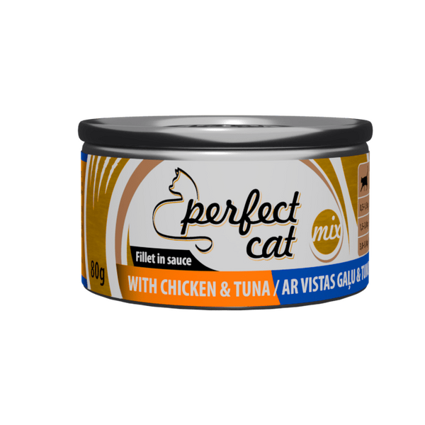 PERFECT CAT WITH CHICKEN&TUNA 80G - PILNVERTĪGA BARIBA KAĶIEM AR VISTAS GAĻU UN TUNCI MĒRCE
