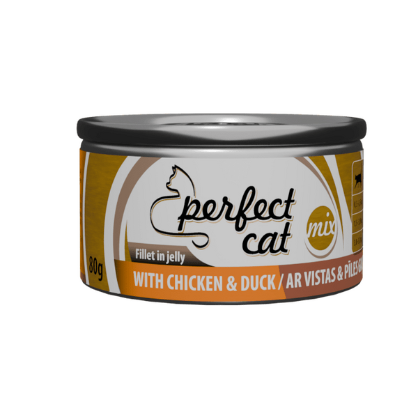 PERFECT CAT WITH CHICKEN&DUCK JELLY 80G - PILNVERTĪGA BARIBA KAĶIEM AR VISTAS UN PĪLES GAĻU ŽELEJĀ