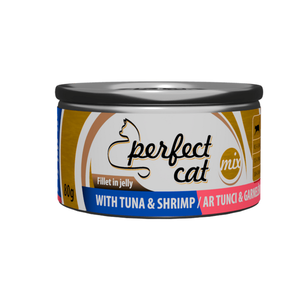 PERFECT CAT WITH TUNA&SHRIMP 80G - PILNVERTĪGA BARIBA KAĶIEM AR TUNCI UN GARNELĒM ŽELEJĀ