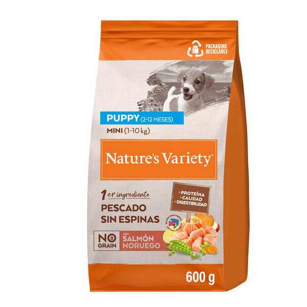 NV Dog No Grain Puppy Mini Salmon 600gr - полнорационный сухой корм для щенков мелких пород (2-12 месяцев), с лососем и без зерновых