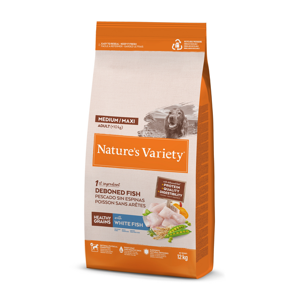 NV Dog Healthy Grain Adult Med/Maxi White Fish 12kg - pilnvērtīga barība pieaugušiem vidējo/lielo šķirņu suņiem, ar veselīgiem graudiem un balto zivi
