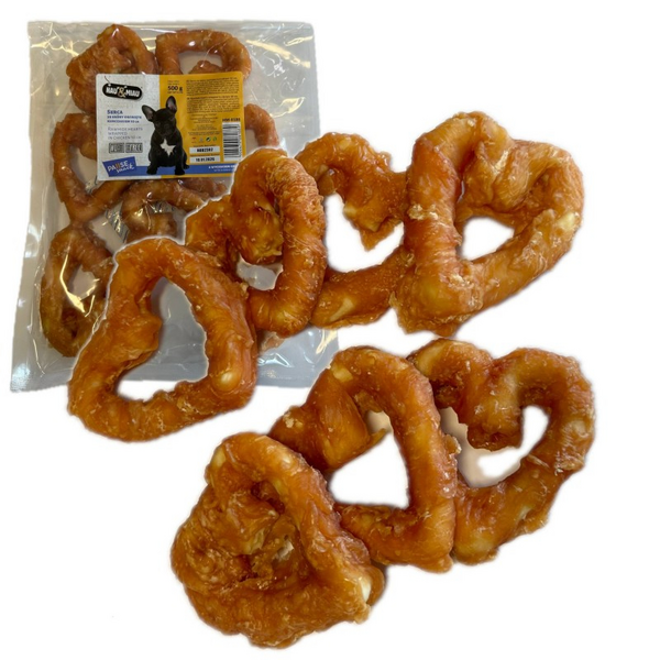 HAU&MIAU rawhide hearts wrapped in chicken 10cm 500g -  jēlādas sirdis ar vistas gaļu