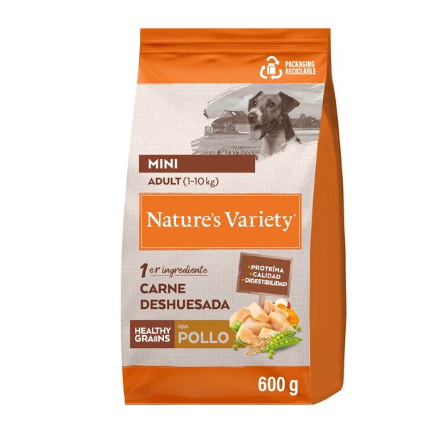 NV Dog Healthy Grain Adult Mini Chicken Free Range 600gr - pilnvērtīga sausa barība pieaugušiem mazo šķirņu suņiem