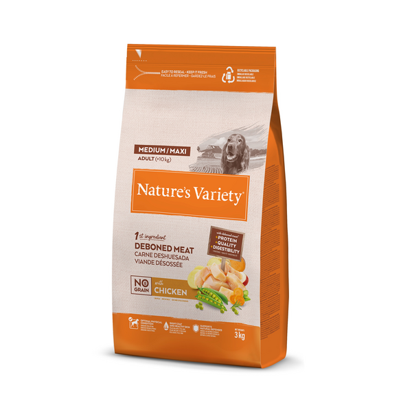NV Dog No Grain Adult Med/Maxi Chicken 3kg - pilnvērtīga sausa barība pieaugušiem vidējo/lielo šķirņu suņiem), bez graudiem un ar vistu
