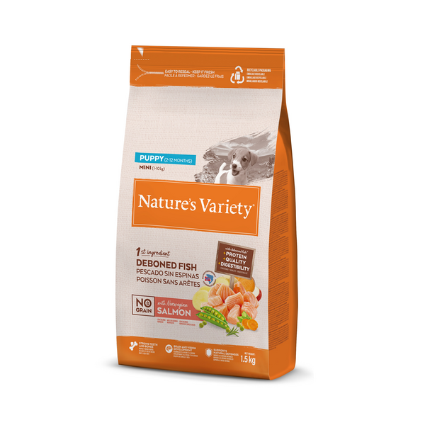 NV Dog No Grain Puppy Mini Salmon 1.5kg - полнорационный сухой корм для щенков мелких пород (2–12 месяцев), с лососем и без зерновых