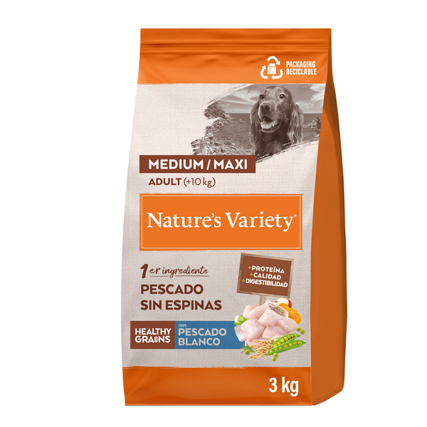 NV Dog Healthy Grain Adult Med/Maxi White Fish 3kg - pilnvērtīga barība pieaugušiem vidējo/lielo šķirņu suņiem, ar veselīgiem graudiem un balto zivi