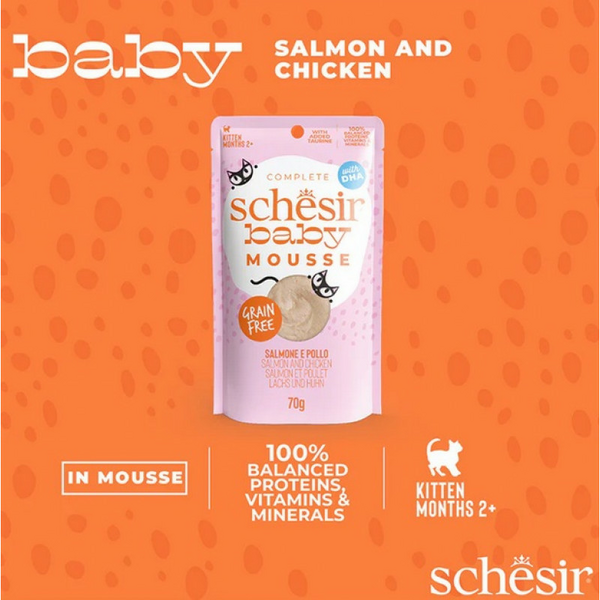 Schesir Baby Mousse Salmon&Chicken 70g - laša un vistas uzputenis kaķēniem, 2 image