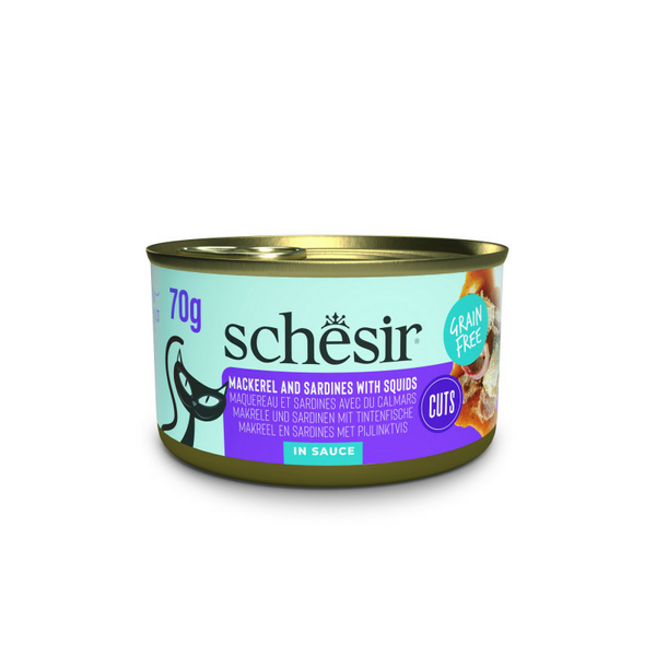 Schesir Cat Grainfree Mackerel and Sardines with Squids in Sauce 70g - skumbrija, sardīnes un kalmārs mērcē, bez graudiem