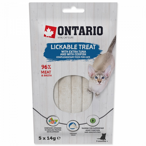 Ontario Lickable Treats with Tuna and Codfish 5 x 14g - Krēmveida gardums ar tunci un mencu
