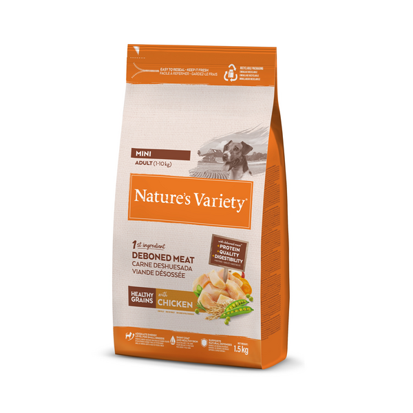 NV Dog Healthy Grain Adult Mini Chicken Free Range 1,5 кг — полнорационный сухой корм для взрослых собак мелких пород, с куриным филе