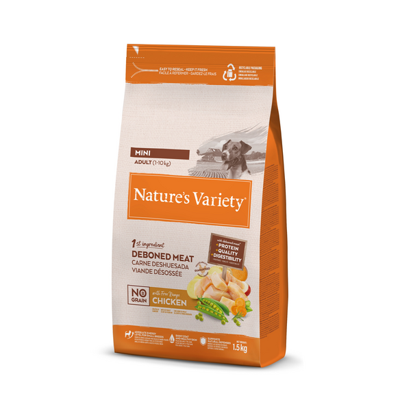 NV Dog No Grain Adult Mini Free Range Chicken 1,5 кг — полнорационный сухой беззерновой корм для взрослых собак мелких пород, с курицей без костей.