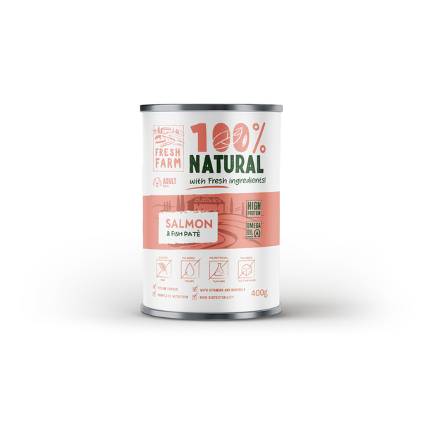 Fresh Farm Dog Smooth Pate Salmon & Fish 400gr - pilnvērtīga barība, pastētes veida konservi ar lasi un zivīm