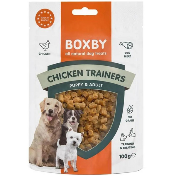 BOXBY CHICKEN TRAINERS 100G - UZKODAS KUCĒNIEM UN PIEAUGUŠIEM SUŅIEM (100% VISTA)
