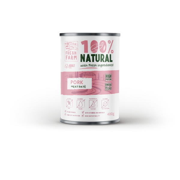 Fresh Farm Dog Smooth Pate with Pork 400gr - pilnvērtīga barība, pastētes veida konservi ar cūkgaļu gaļu