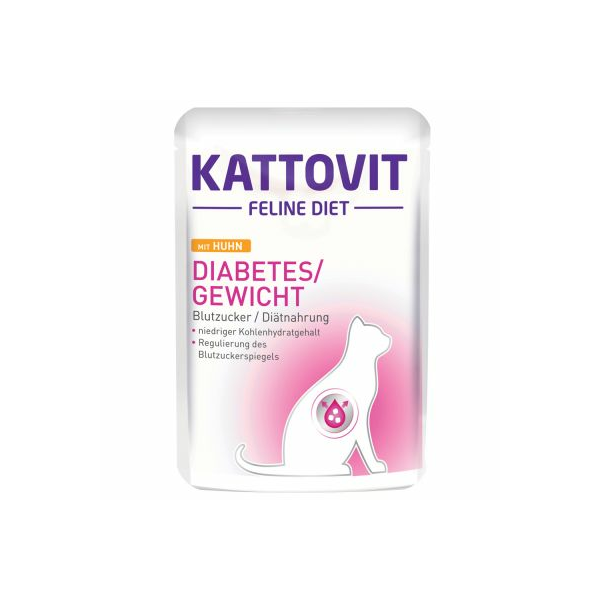 Kattovit Diabetes Huhn 85g - для котов с избыточным весом, склонных к ожирению, с повышенным уровнем сахара в крови или диабетом