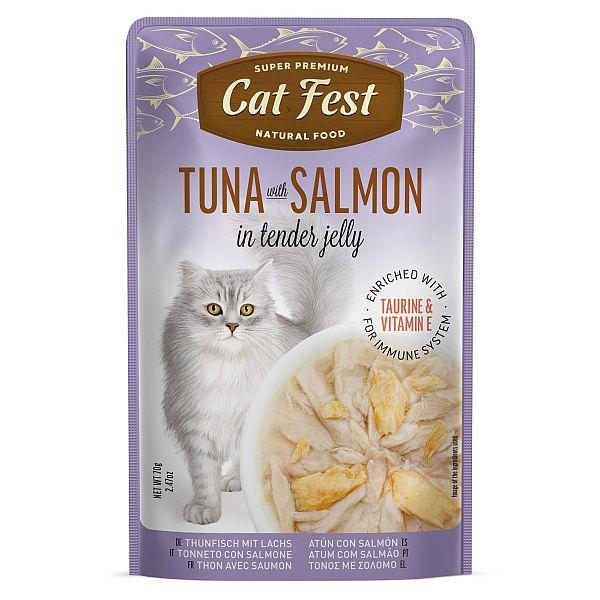 CatFest Tuna with Salmon in Tender Jelly 70g - okeāna tunzivs un laša gabaliņi želejā