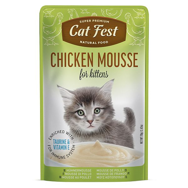 CatFest Kitten Chicken Mousse 70g - mitrā papildbarība ar vistas gaļu ar maigu putētu tekstūru, ideāli piemērota maziem kaķēniem