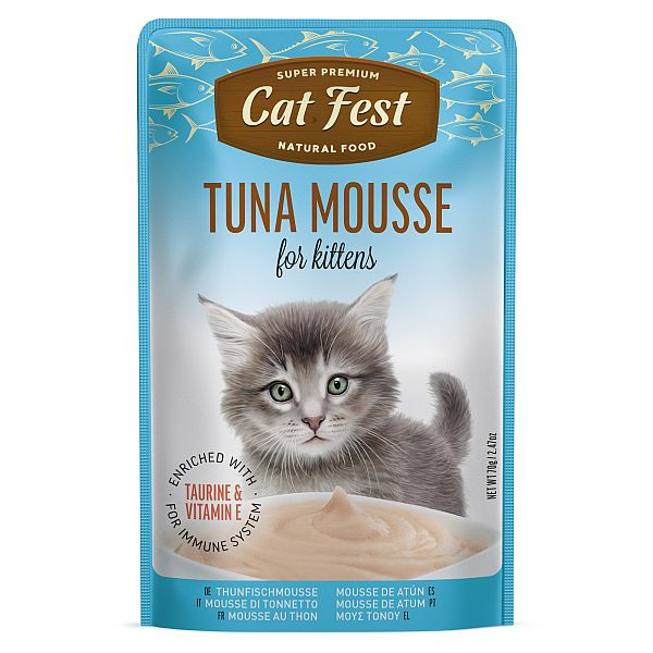 CatFest Kitten with Tuna 70g — влажный прикорм с тунцом, мягкая пенистая текстура, идеально подходит для маленьких котят.