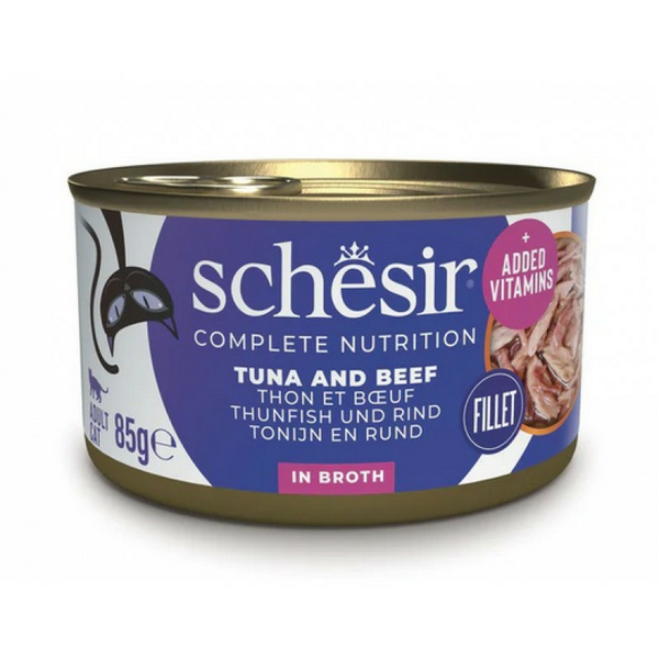 Schesir Cat Tuna and Beef in Broth 85g - pilnvērtīgā barība, tuncis un liellops buljonā