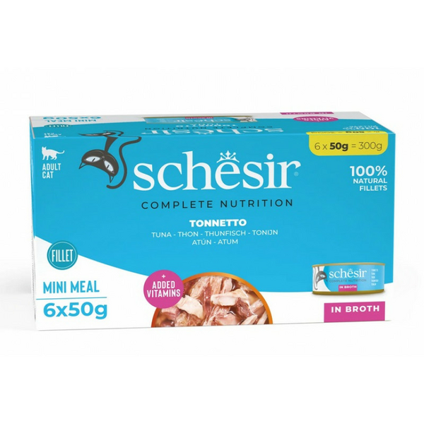 Schesir Cat Tuna in Broth 6x50g - pilnvērtīgā barība, tuncis buljonā