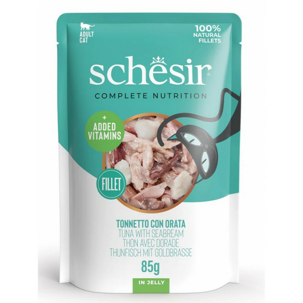 Schesir Cat Tuna with Sea Bream in Jelly 85g - полноценное питание, тунец и морской карась в желе