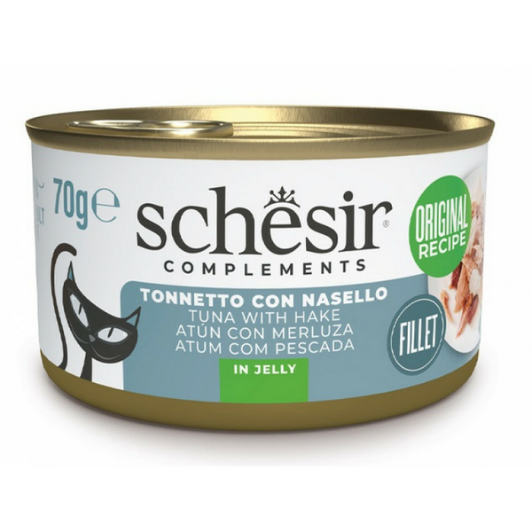 Schesir Cat Tuna with Hake in Jelly 70g - papildbarība, tuncis un heks želejā