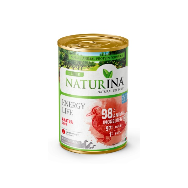 ELITE ENERGY LIFE MONO DUCK WITH ORANGE AND GINSENG GF 400 g — bezgraudu konservi pieaugušiem suņiem ar pīli, apelsīnu un žeņšeņu.