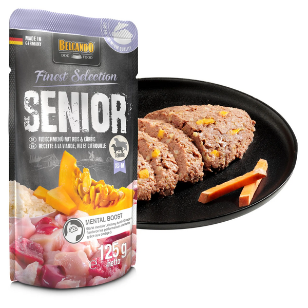 BELCANDO Finest Selection Senior 125g – Gaļas ēdiens ar rīsiem un ķirbi