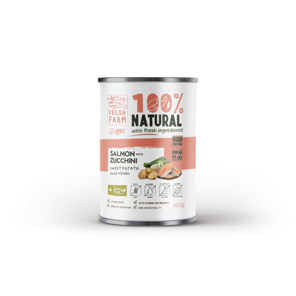 Fresh Farm DOG Coarse pate salmon, zucchini, sweet potatoe & herbs 400gr - паштет грубой консистенции, лосось, цуккини, батат и зелень
