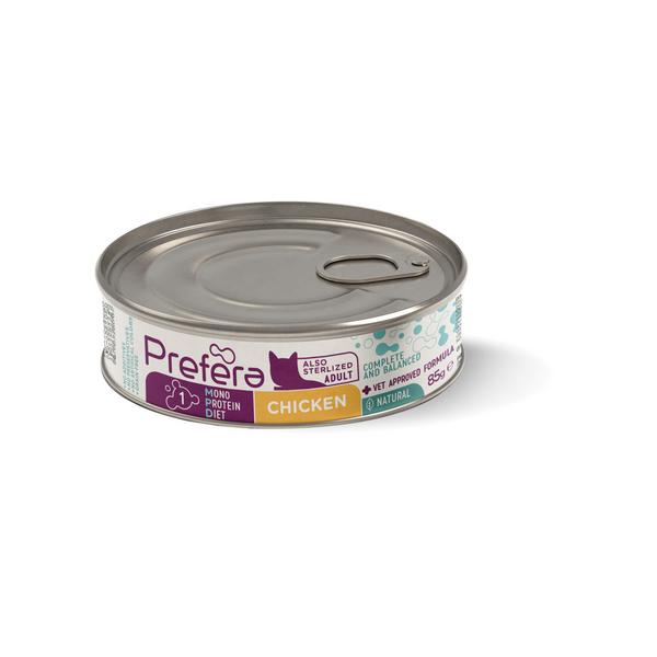 Fresh Farm CAT Prefera MPD Adult chicken 85gr - pilnvērtīga mitrā barība pieaugušiem kaķiem (arī sterelizētiem), monoproteīna barība ar vistas gaļu.