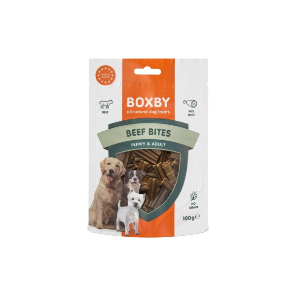 Boxby Beef Bites 100g - papildbarība pieaugušiem suņiem, liellopu gaļas gabaliņi. Lieliski piemēroti suņa apmācībai un apbalvošanai.
