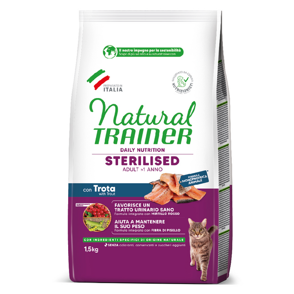 NATURAL TRAINER CAT ADULT STERILIZED ADULT WITH TROUT 1.5 KG - pilnvērtīga barība sterilizētiem kaķiem no viena gada vecuma. Ideāli piemērota arī slinkiem kaķiem vai tiem, kas dzīvo tikai telpās. Palīdz samazināt sterilizācijas ietekmi uz svaru.