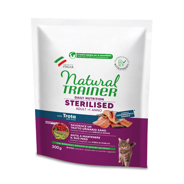 NATURAL TRAINER CAT ADULT STERILIZED WITH TROUT 300gr - PIEAUGUŠIEM STERILIZĒTIEM KAĶIEM, AR FORELI