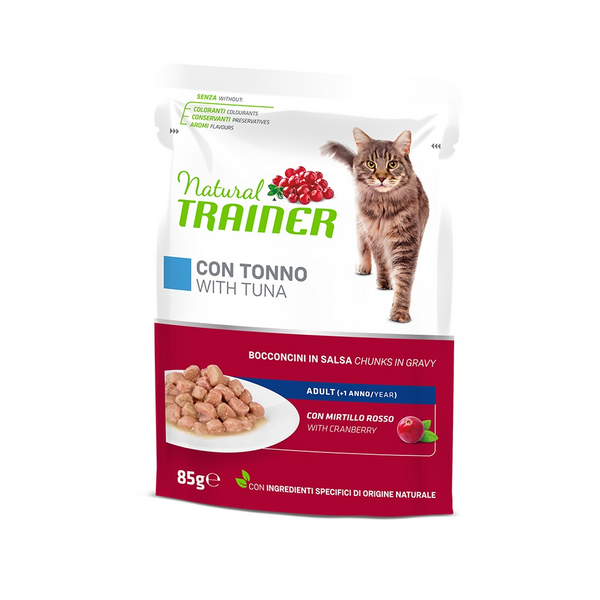 NATURAL TRAINER CAT TUNA 85G - pilnvērtīga barība pieaugušiem kaķiem, konservi gabaliņi želējā ar tunci, mājputnu gaļu un dzērveņu lapu ekstraktu.