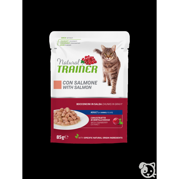 NATURAL TRAINER CAT SALMON 85G - pilnvērtīga barība pieaugušiem kaķiem, konservi gabaliņi želējā ar lasi, vistas gaļu un dzērveņu lapu ekstraktu.