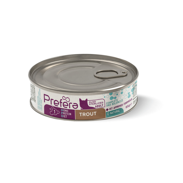Fresh Farm CAT Prefera MPD Adult trout 85gr - pieaugušiem kaķiem (arī sterelizētiem), monoproteīna barība ar foreli