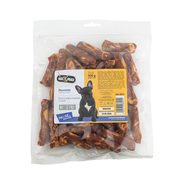 HAU & MIAU duck and chesse 500g — дополнительный корм для взрослых собак, утиное мясо и сырные палочки