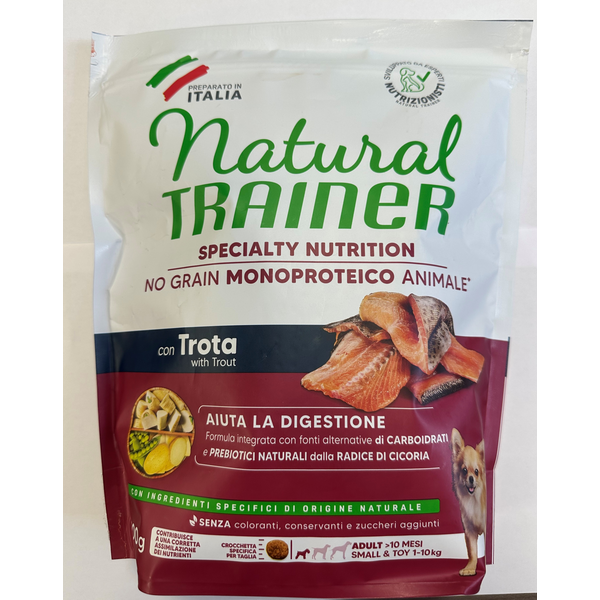 NATURAL TRAINER DOG NO GRAIN ADULT SMALL&TOY TROUT 800GR - pilnvērtīga un sabalansēta barība pieaugušiem maza izmēra suņiem
