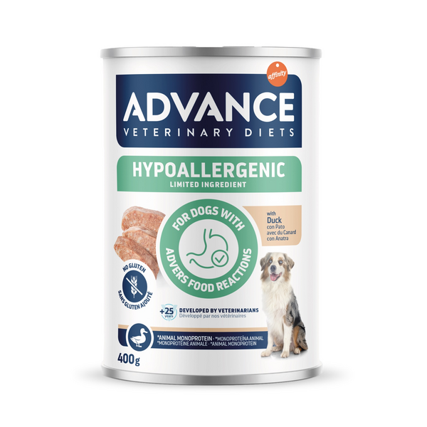 ADVANCE VETERINARY DIET DOG Hypoallergenic DUCK 400gr - paredzēta visu izmēru suņiem ar alerģiskām reakcijām uz barību