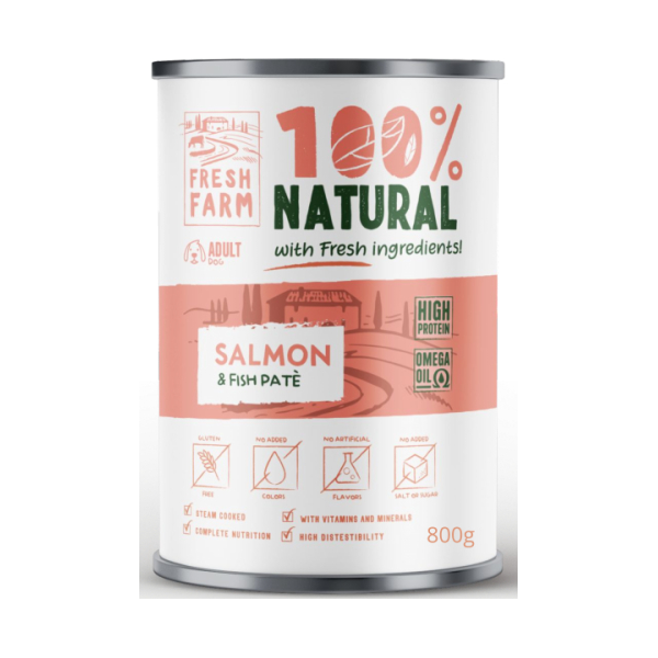 Prefera Fresh Farm Dog Smooth pate with salmon & fish 800 gr - pilnvērtīga barība, pastētes veida konservi suņiem, ar lasi un zivīm.
