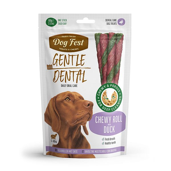 DogFest Dental Chewy roll with duck for adult dogs 100g - papildbarības suņiem, košļājamā rulete ar pīli pieaugušiem suņiem